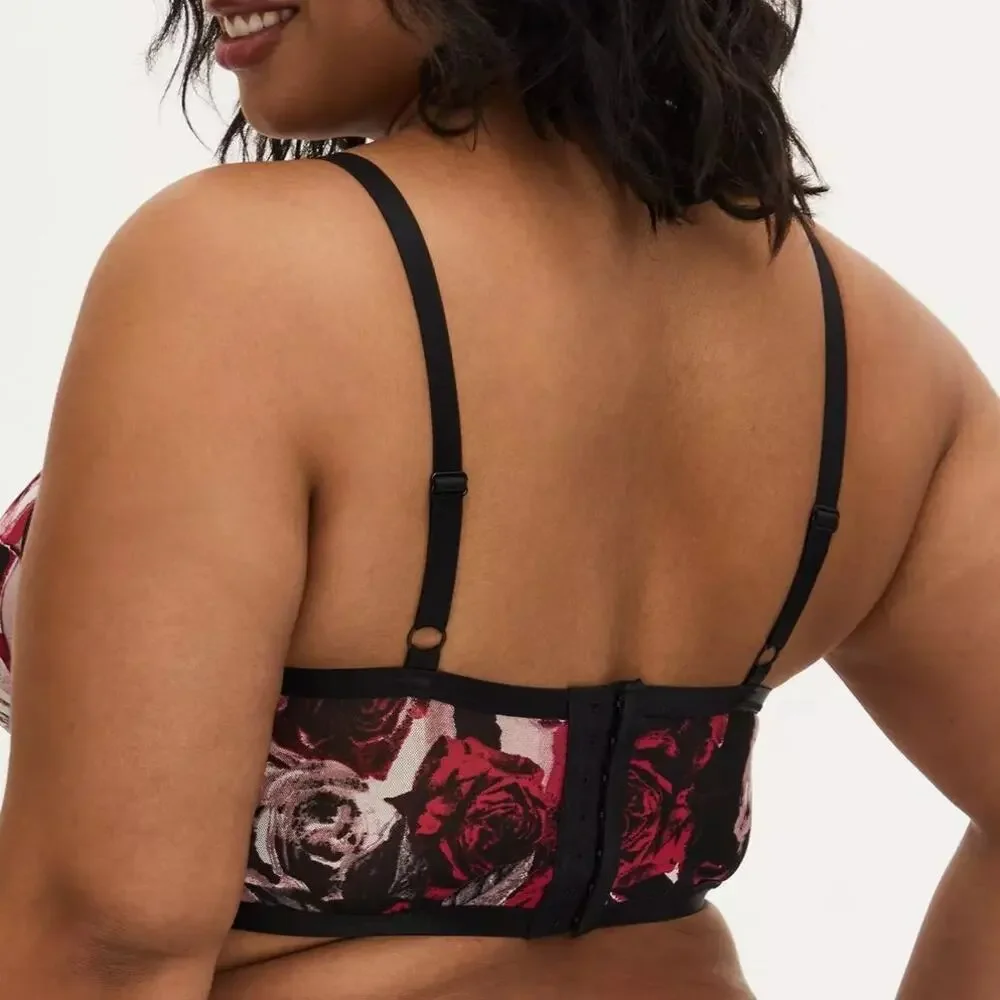 Torrid Plus Size 2 Roses Strappy Mesh Underwire Longline‎ Bralette Bra Lingerie